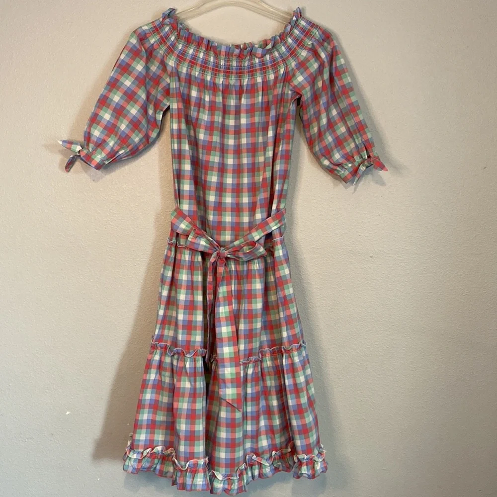 Kate Spade Pink and Blue Plaid Off-Shoulder Midi Dress - Picture 2 of 9